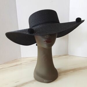 CRUISE CLUB Black Pompom Tassel Wide Brim Floppy Straw Hat - O/S